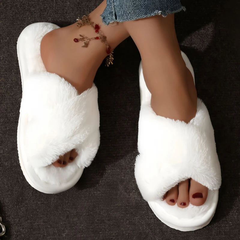Women's Cross Band Fluffy Plush Slippers | Cozy Indoor House Shoes