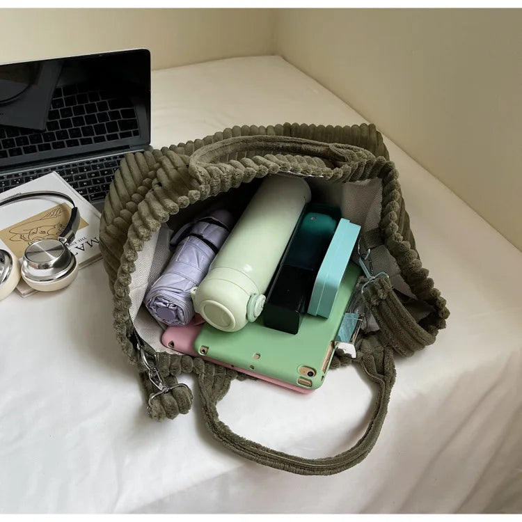 Bolso de mano de terciopelo a rayas de gran capacidad | Bolso tote elegante y versátil