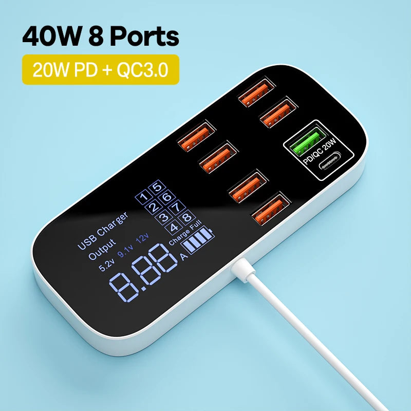 Cargador rápido USB de 8 puertos y 40 W | Estación de carga de viaje portátil