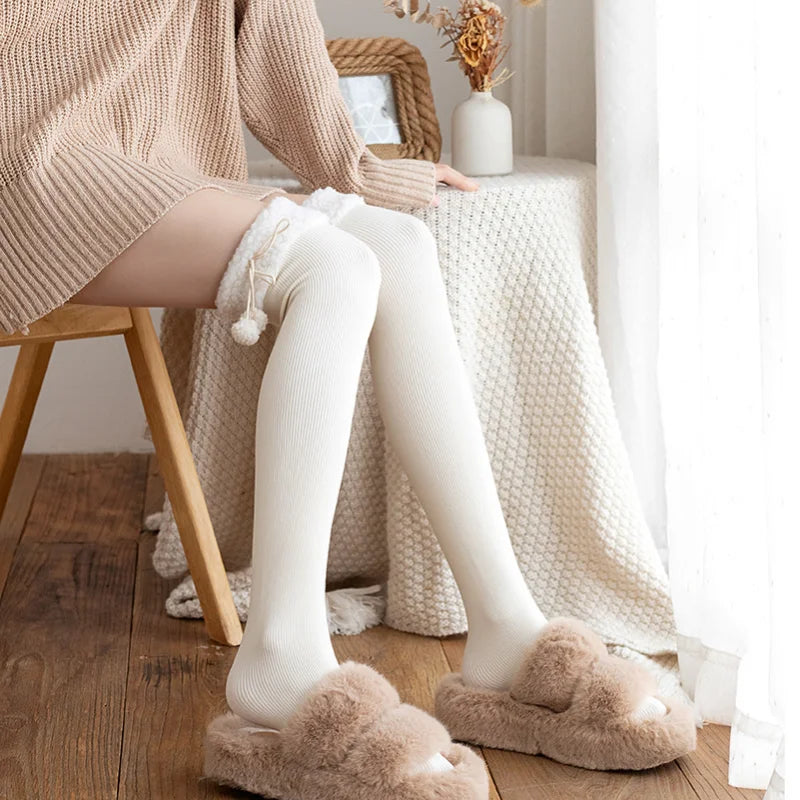 Cute Vertical Stripe Plush Tights | Cozy Kawaii Knee High Socks