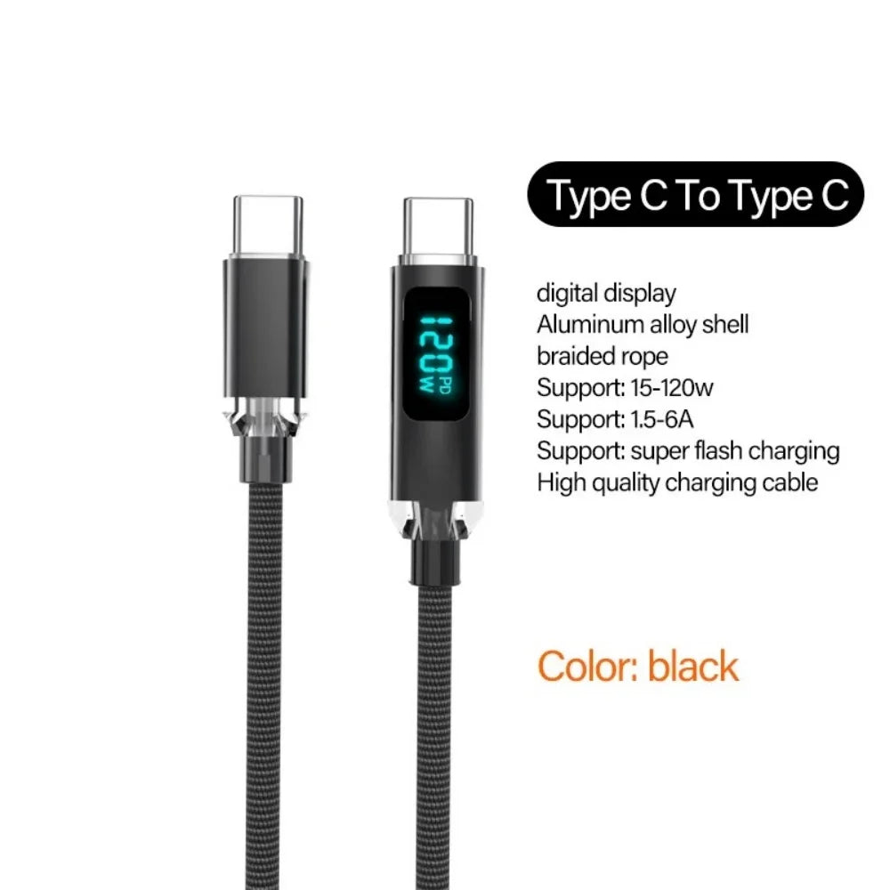 120W USB A to Type C Fast Charging Cable with LED Display