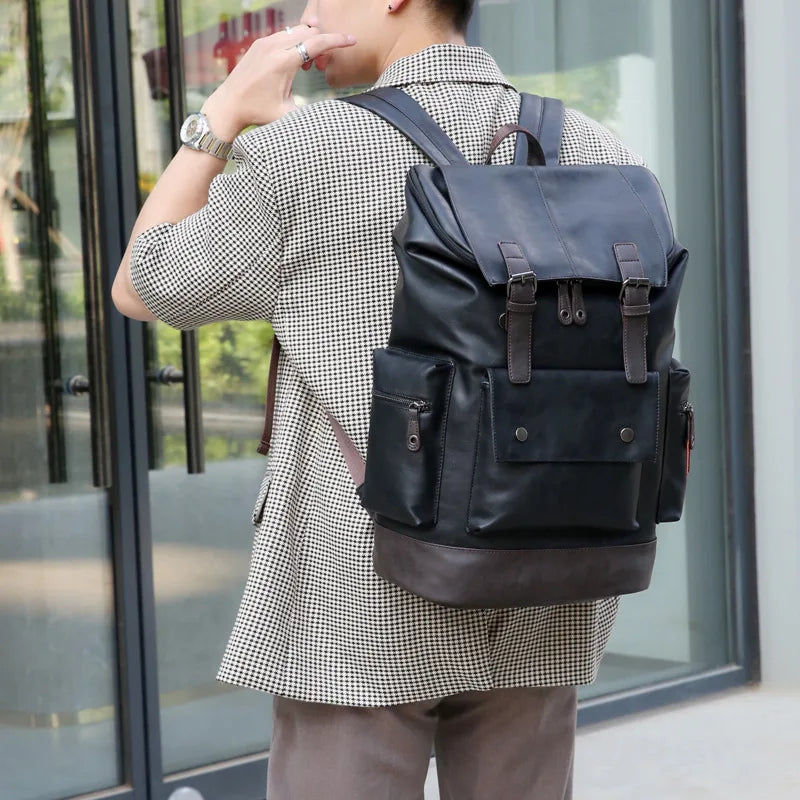 Men's Fashion PU Leather Large Capacity Waterproof Backpack