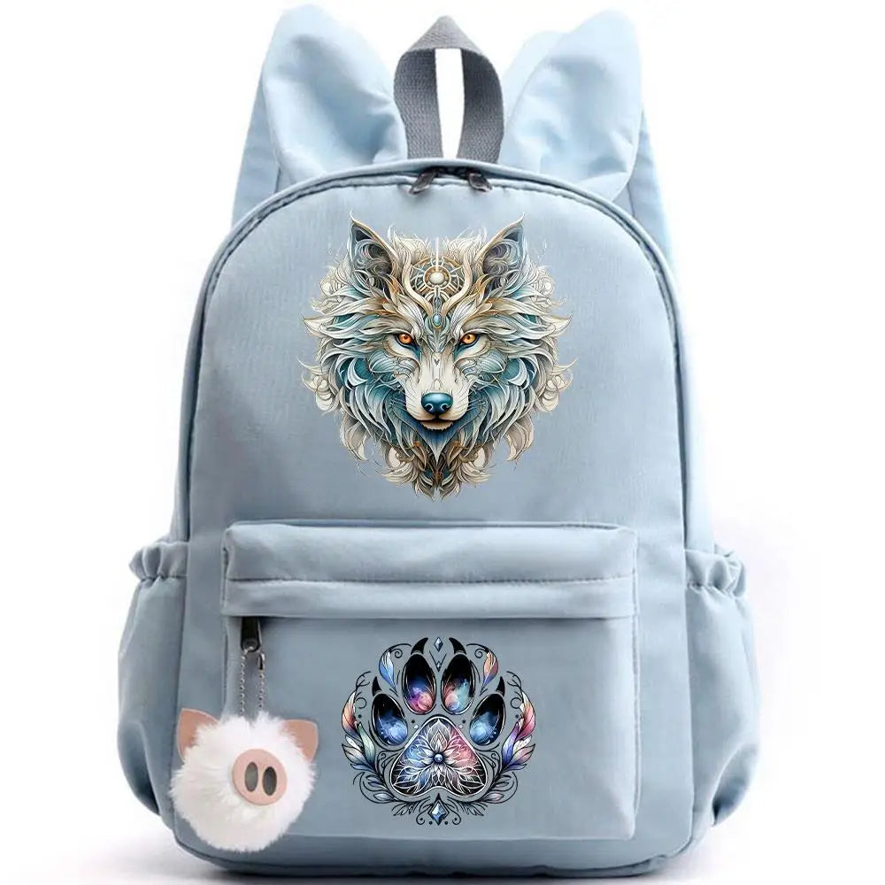 Retro Wolf Head Paw Backpack | Stylish Casual School Rucksack