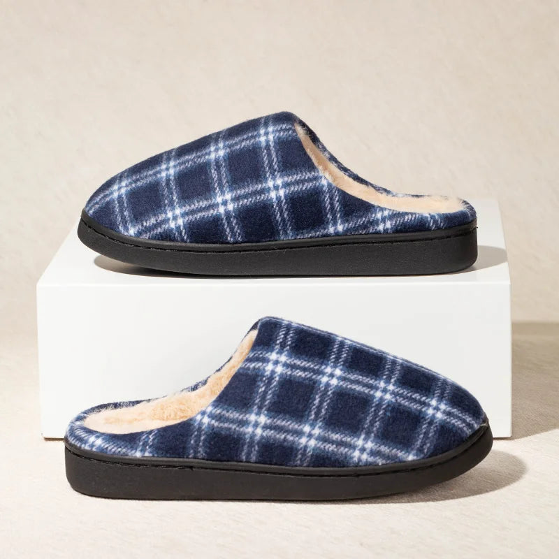 Men's Striped Plaid Fleece Slippers | Warm Cozy House Shoes