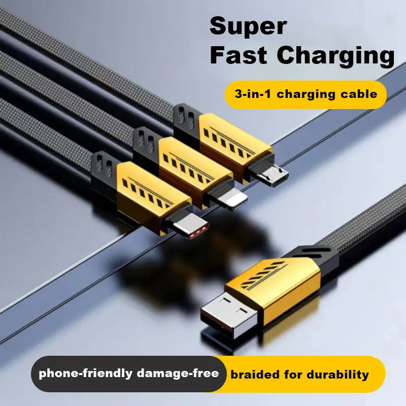3-in-2 Fast Charging Cord - Multi USB Charger Cable 1.2m