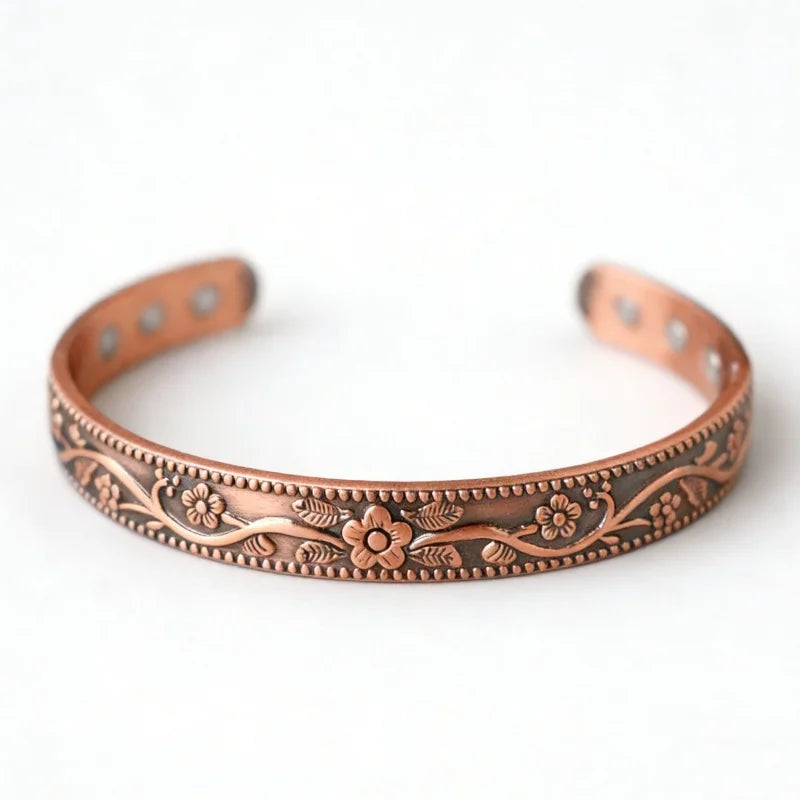 Vintage Floral Engraved Solid Copper Magnetic Therapy Cuff Bracelet