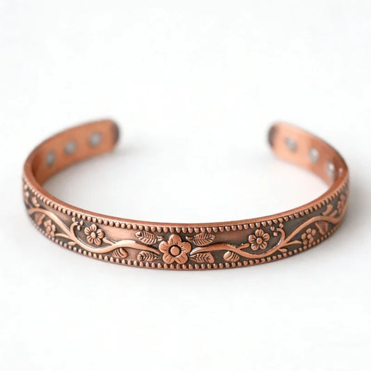 Vintage Floral Engraved Solid Copper Magnetic Therapy Cuff Bracelet