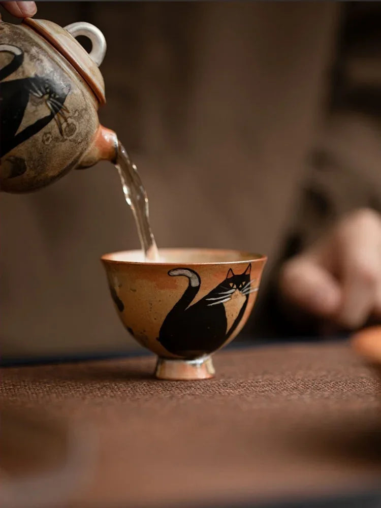 Cute Black Cat Teacup | Elegant Ceramic Tea and Sake Cups Set