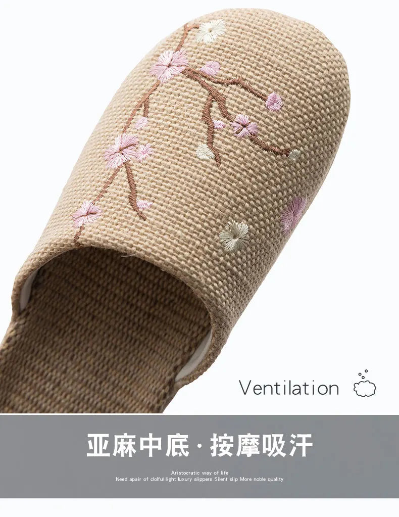 Cozy Indoor Embroidered Linen Slippers for Couples