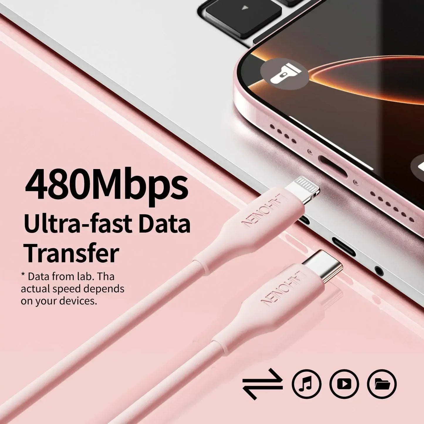 27W Fast Charging USB-C to Lightning Cable | Soft Silicone Pink Accessory
