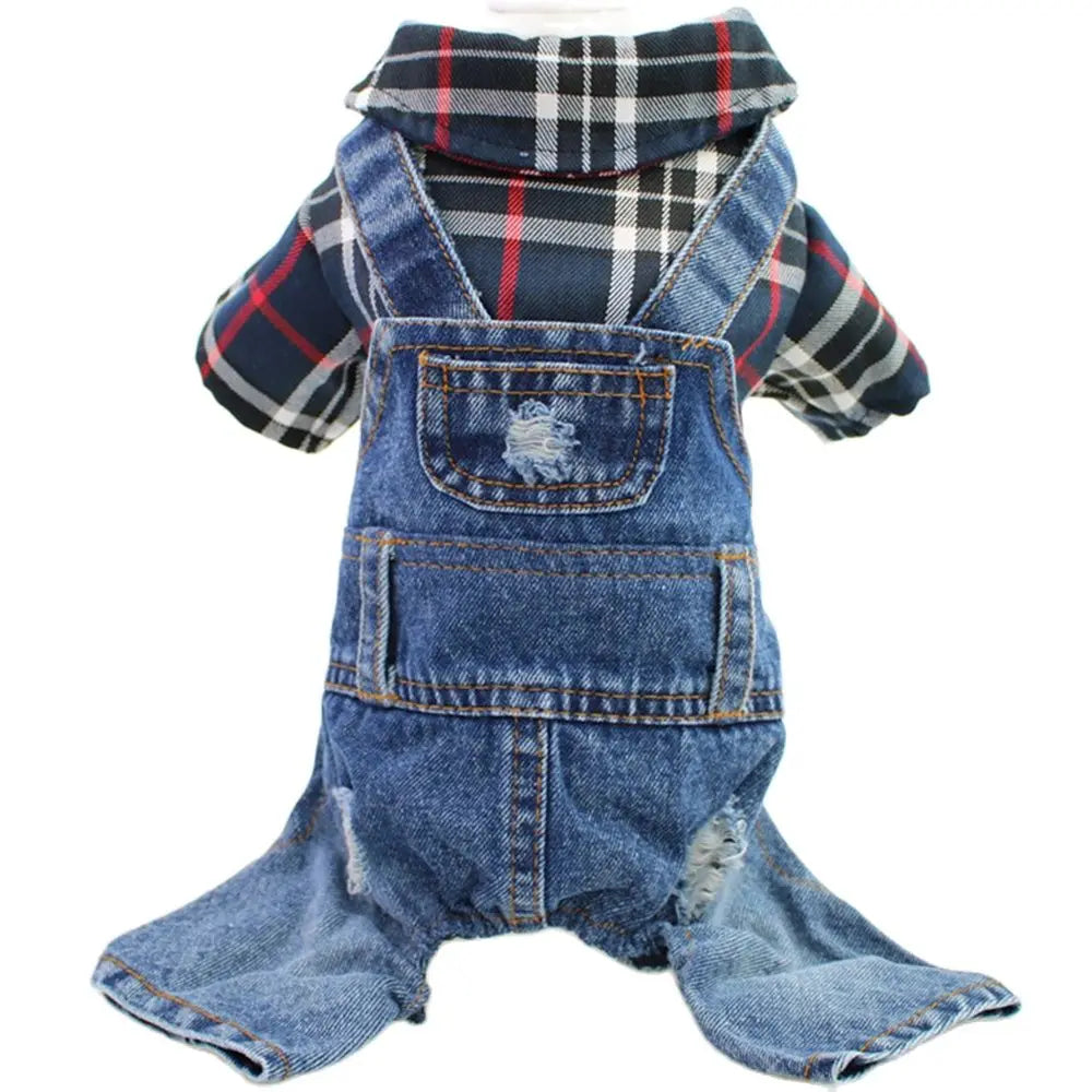 Stylish Pet Denim Plaid Jumpsuit Hoodie | Perfect for Spring & Autumn
