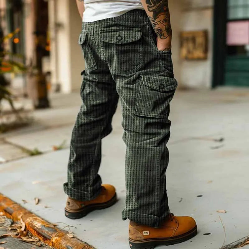 Spring Summer Straight Corduroy Cargo Pants Men Casual Vintage Loose Streetwear Textured Trousers Daily Leisure
