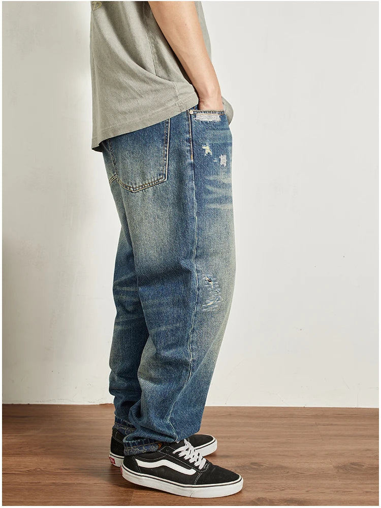 Men's Ripped Vintage Jeans | Casual Heavy Straight Leg Denim