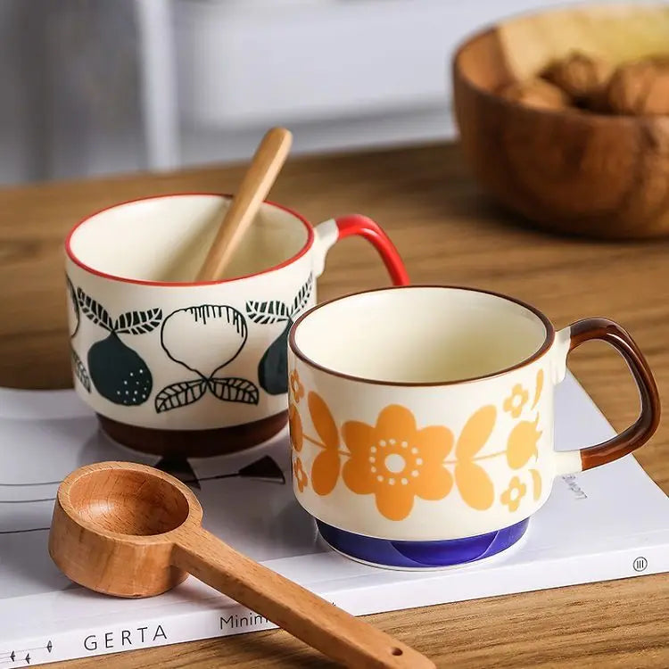 300ml Japanese Flower Ceramic Mug Set | Retro Drinkware for All Occasions