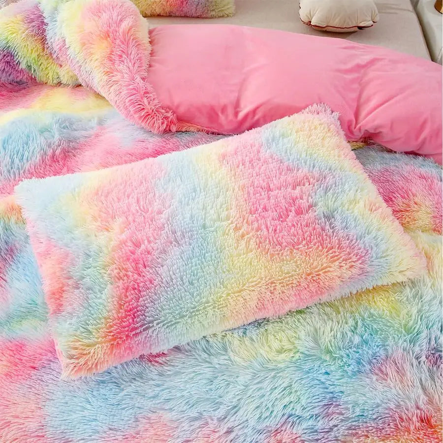 Pink Faux Fur Rainbow Tie-Dye Comforter Set | Cozy Bedding for Girls
