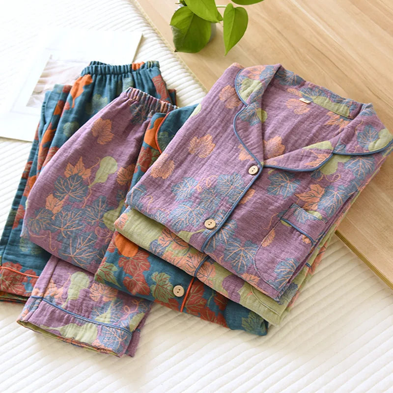 2026 Japanese Spring and Autumn New Women's Pajama Set 100% Cotton Vintage Long sleeved Pants Two Piece Set for Home Furnishings