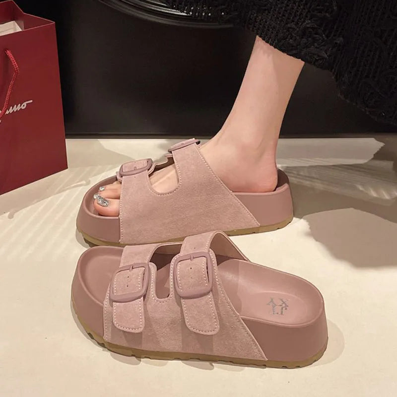 Comfortable Summer Women Slippers with Retro Buckle Design