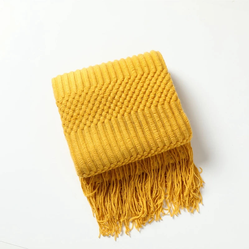 Cozy Yellow Boho Knitted Blanket | Soft Travel Nap Comfort