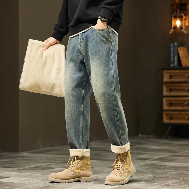 Men's Retro Loose Winter Fleece Jeans | Warm Plush Velvet Pants