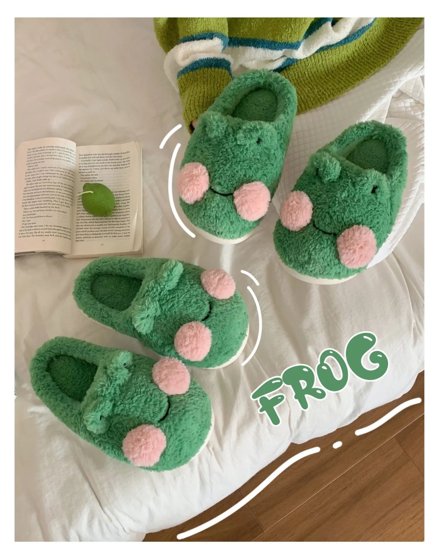 Women's Cute Green Frog Plush Slippers | Cozy Faux Fur House Shoes