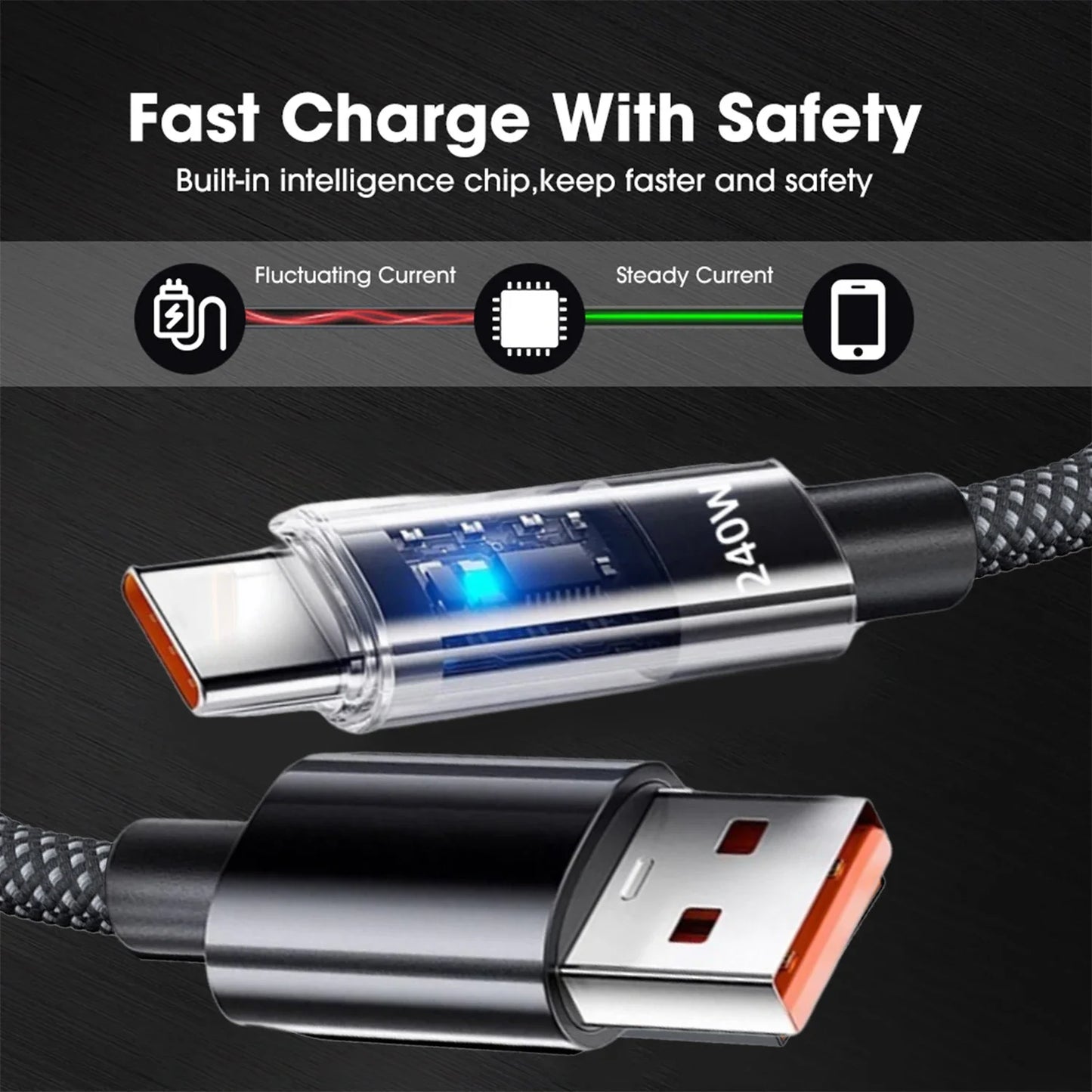 240W Nylon USB C PD Super Fast Charging Cable with LED Display