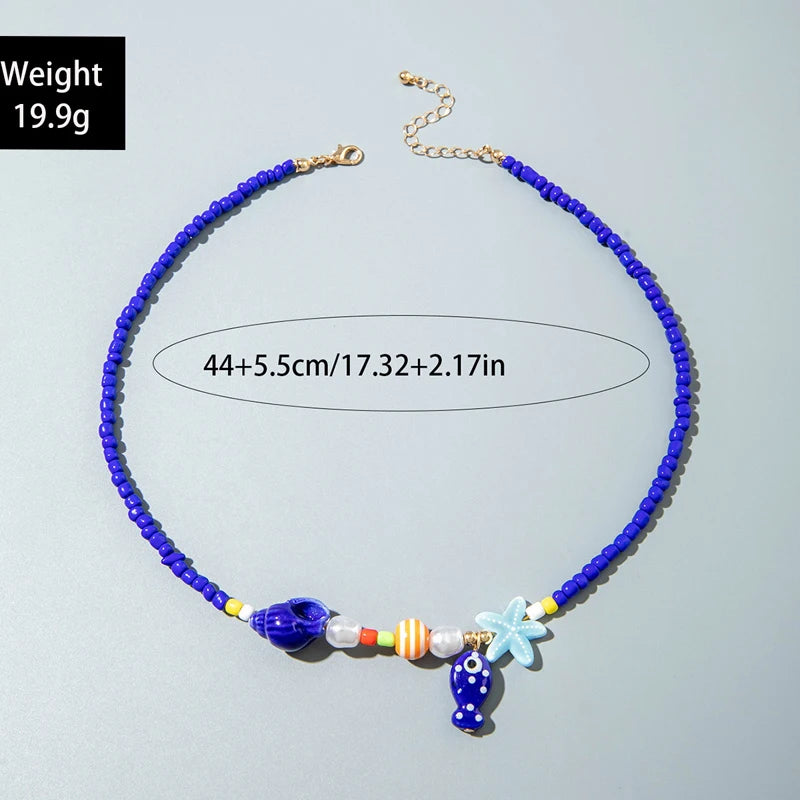 Y2K Boho Acrylic Ceramic Fish Starfish Mushroom Pendant Colorful Bead Choker Necklace For Women Beach Ocean Jewelry Accessories