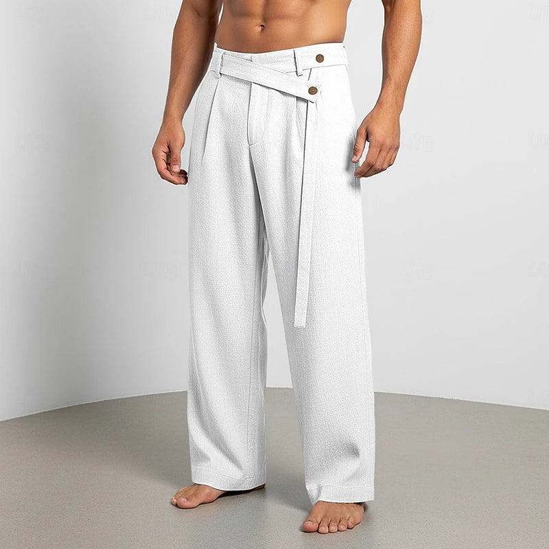 Pantalones casuales de lino para hombre | Elegantes pantalones sueltos de cintura alta