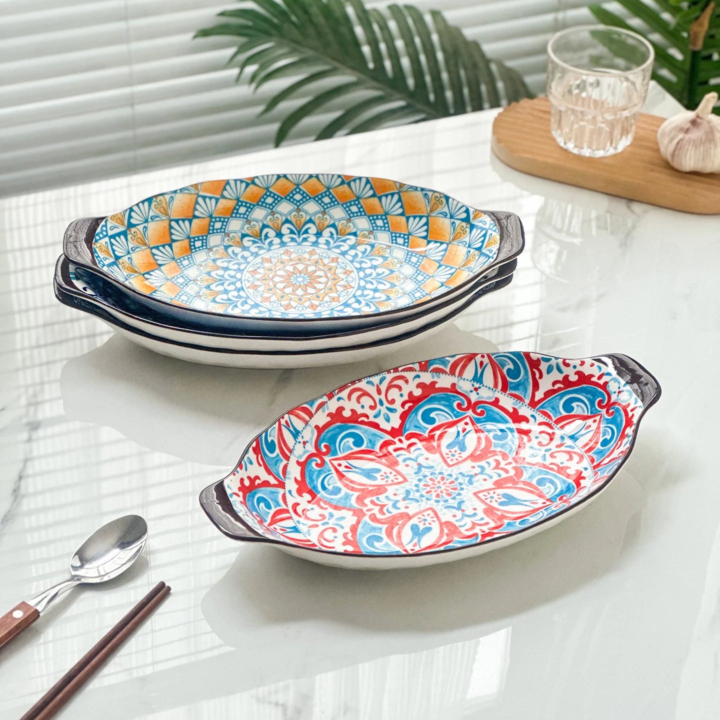 13-Inch Bohemian Double-Handle Ceramic Deep Plate for Seafood
