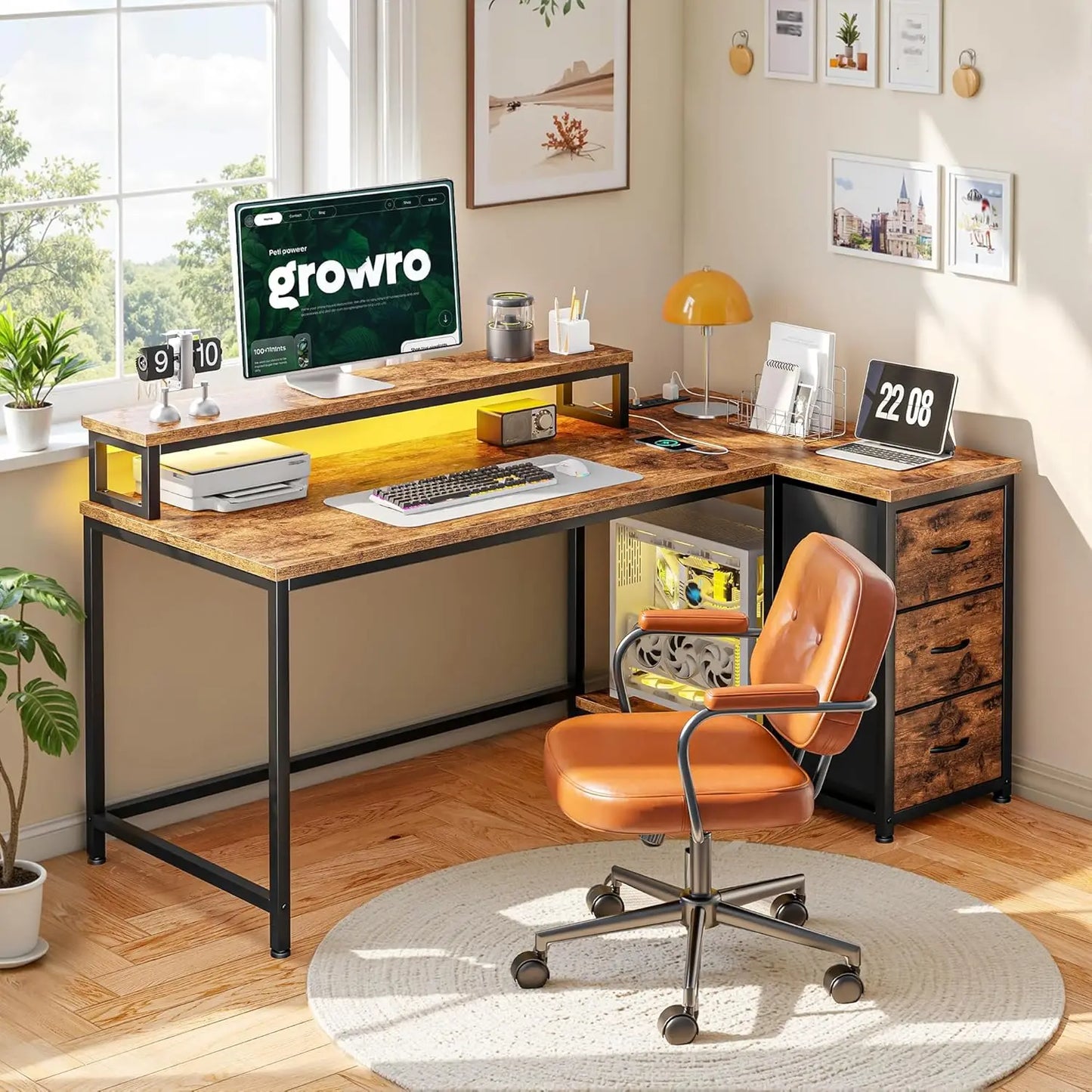 L Shaped Gaming Desk with Monitor Stand & 3 Drawers