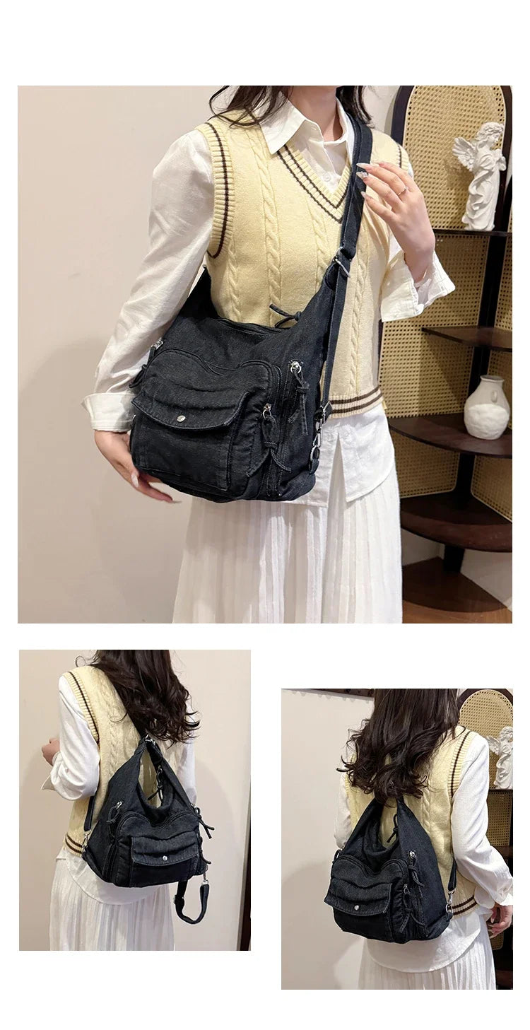 Trendy Solid Color Denim Shoulder Bag | Versatile Women's Crossbody