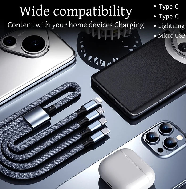 4-in-1 Multifunctional Charging Cable Supports USB-A to USB-C, Micro USB, and Braided Cables for Charging Multiple Devices