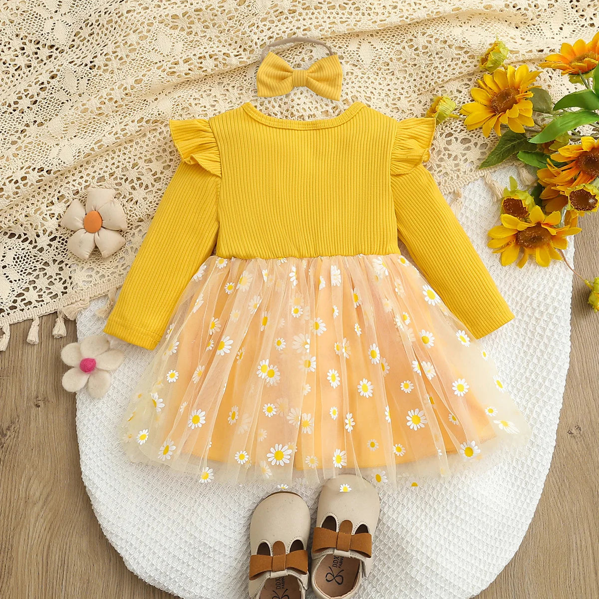 Girls Daisy Yellow Tulle Dress with Hairband | Adorable Baby Outfit