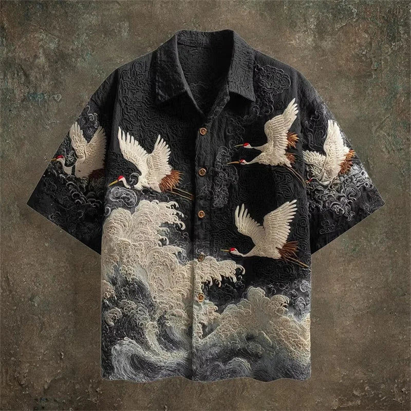 Men's Casual Short Sleeve Shirt | Dark Green Crane Pattern Fabric