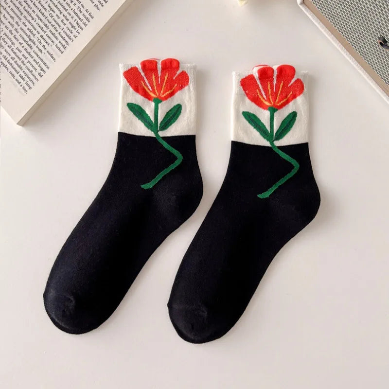 Kawaii Women's Floral Cartoon Socks | Cute Mid Tube Cotton Socks