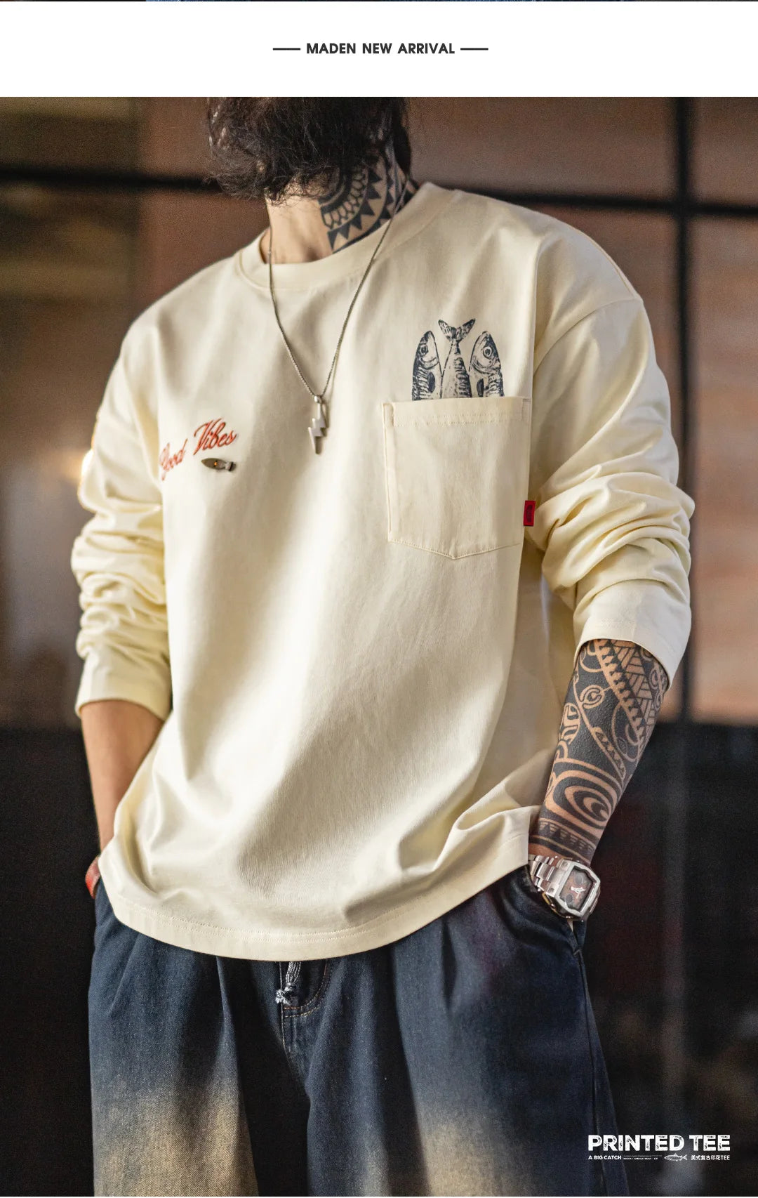 Men's Cotton Fish Printed Long Sleeve Tee | Casual Comfort Wear