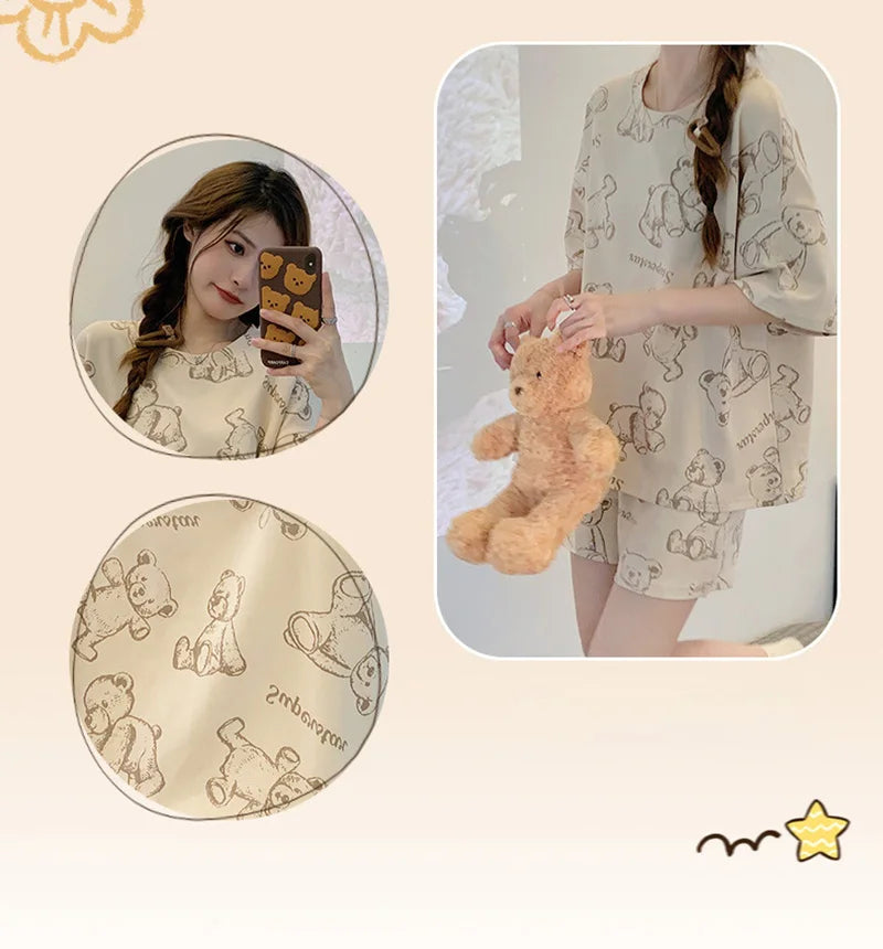 Plus Size Short Sleeve Pajamas for Women | Cute Cartoon Bear Design