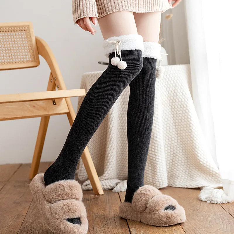Cute Vertical Stripe Plush Tights | Cozy Kawaii Knee High Socks