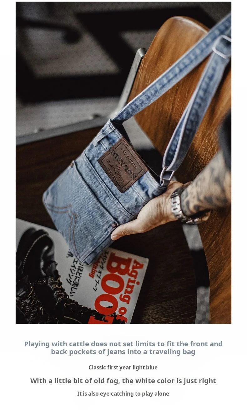 Vintage Washed Blue Denim Crossbody Bag | Unisex Canvas Tote