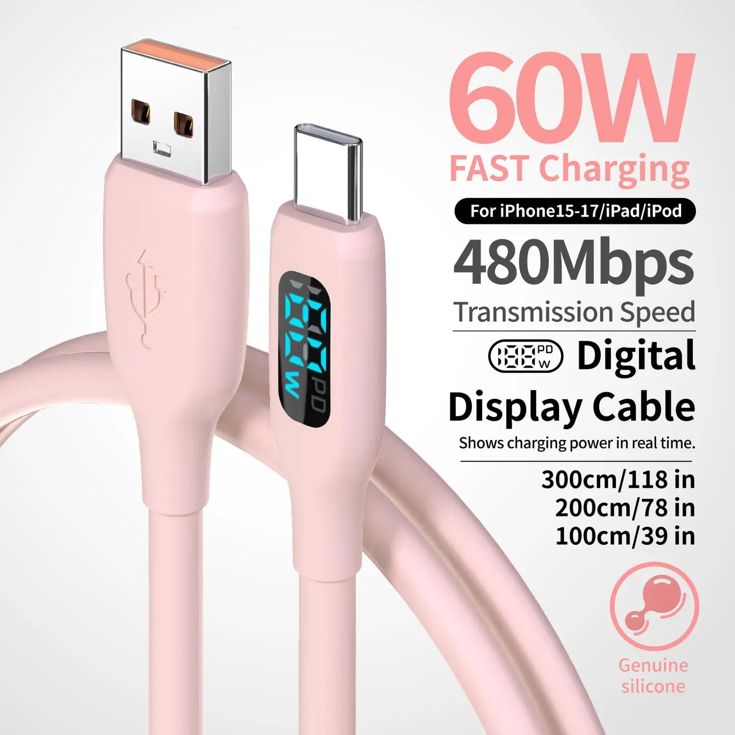 60W USB-A to USB-C Fast Charging Cable | Flexible Silicone Charger