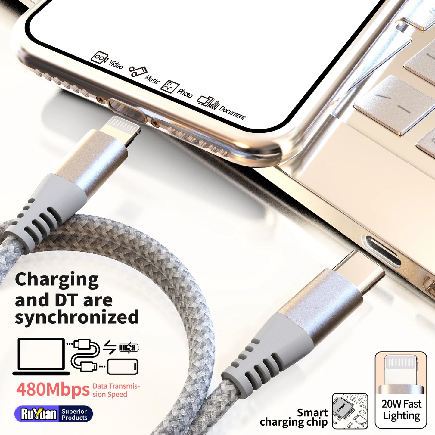 MFI Certified Fast Charging USB-C to Lightning Cable | 20W Nylon Braided