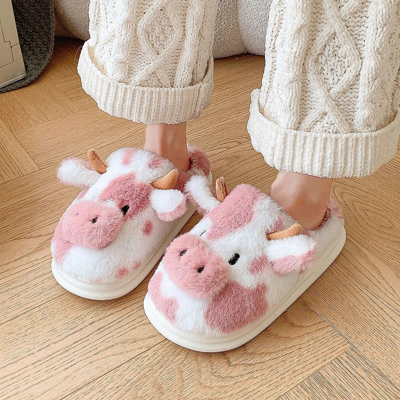 Women's Cute Cartoon Cow Plush Slippers | Warm Indoor House Shoes