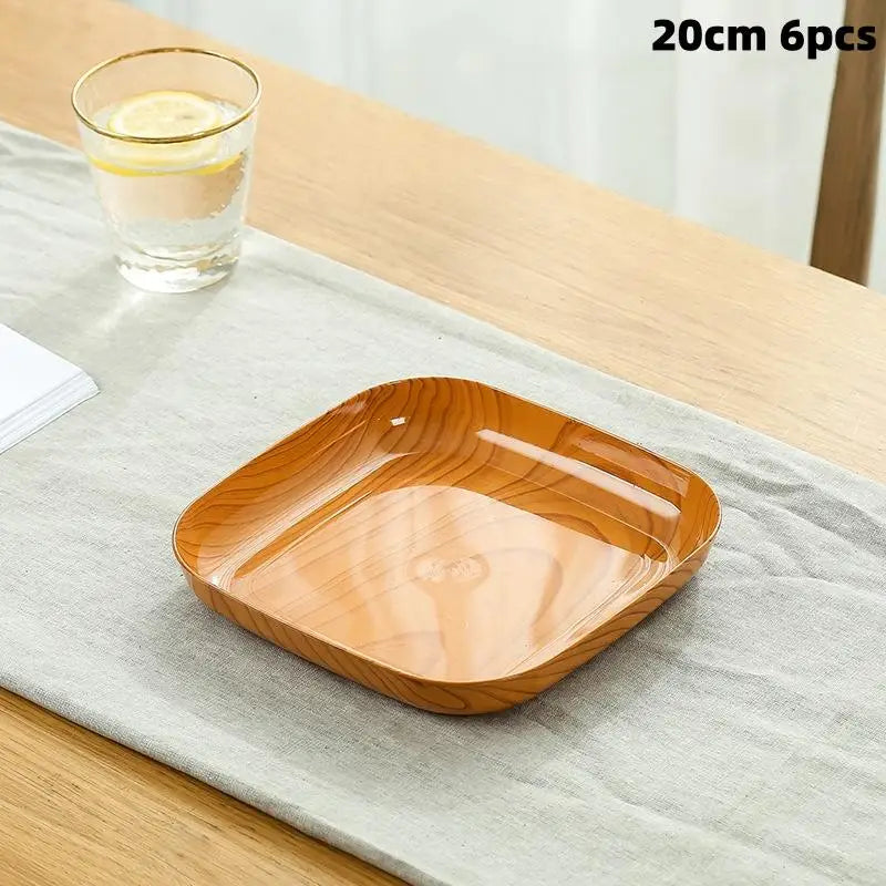 Wood Grain Plastic Square Plate Set | Stylish Dinnerware Collection