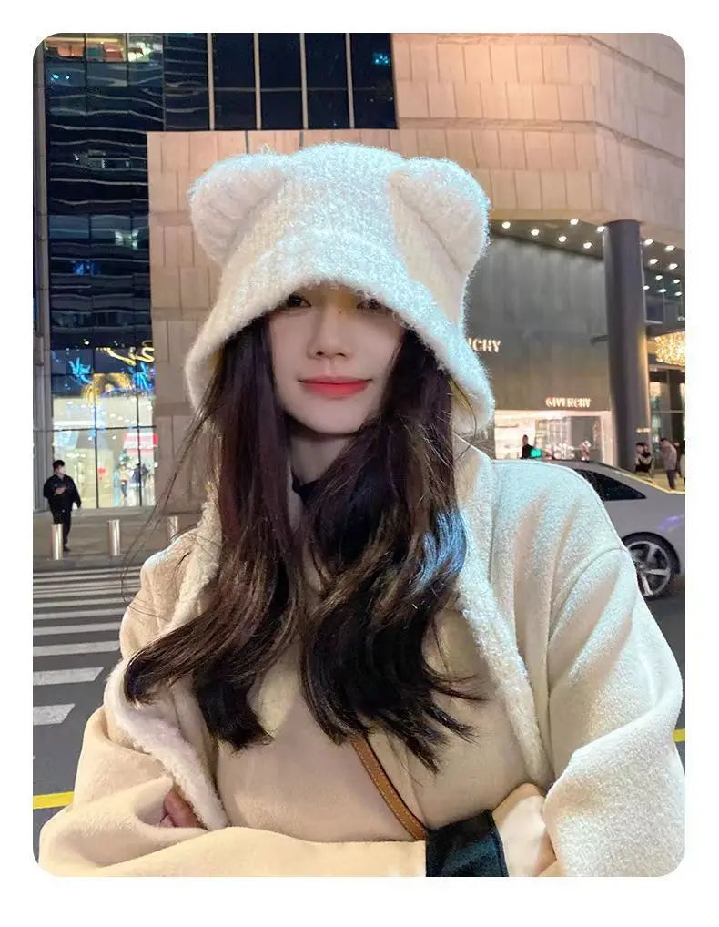 Women's Cute Bear Ear Plush Beanie | Cozy Winter Bomber Hat
