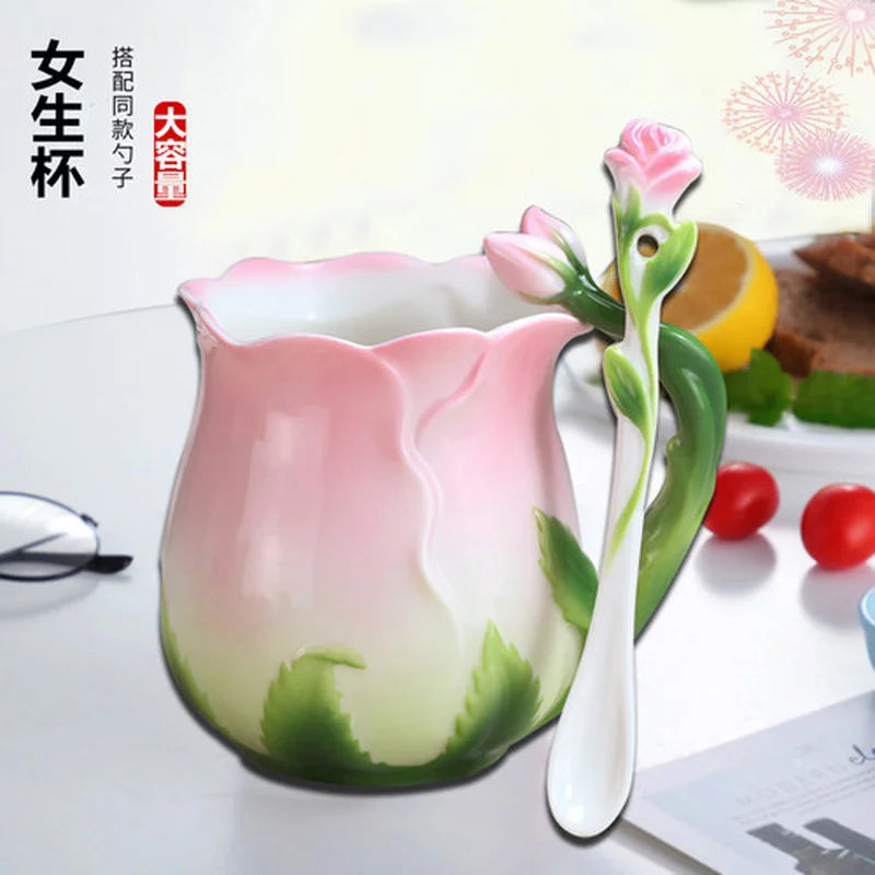 Creative 3D Rose Shape Ceramic Coffee Mug with Spoon - 4 Colors