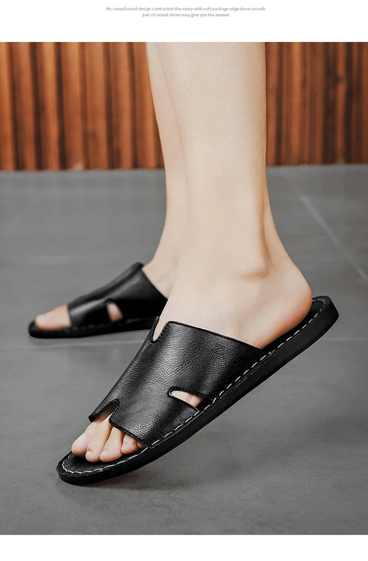 Men's Luxury Leather Slippers | Non-Slip Casual Wear for Summer