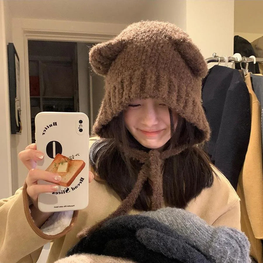 Women's Cute Bear Ear Plush Beanie | Cozy Winter Bomber Hat