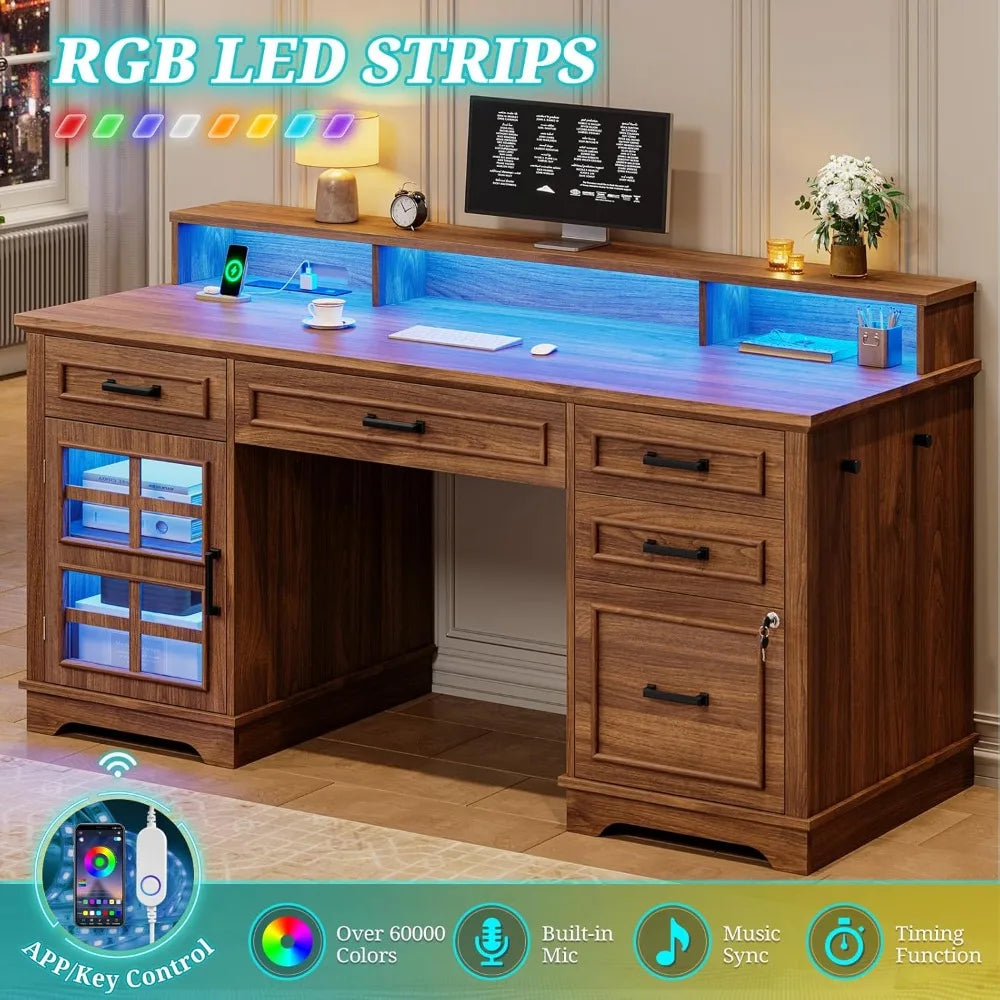 Stylish 60'' Farmhouse Executive Desk with Outlet & LED Light