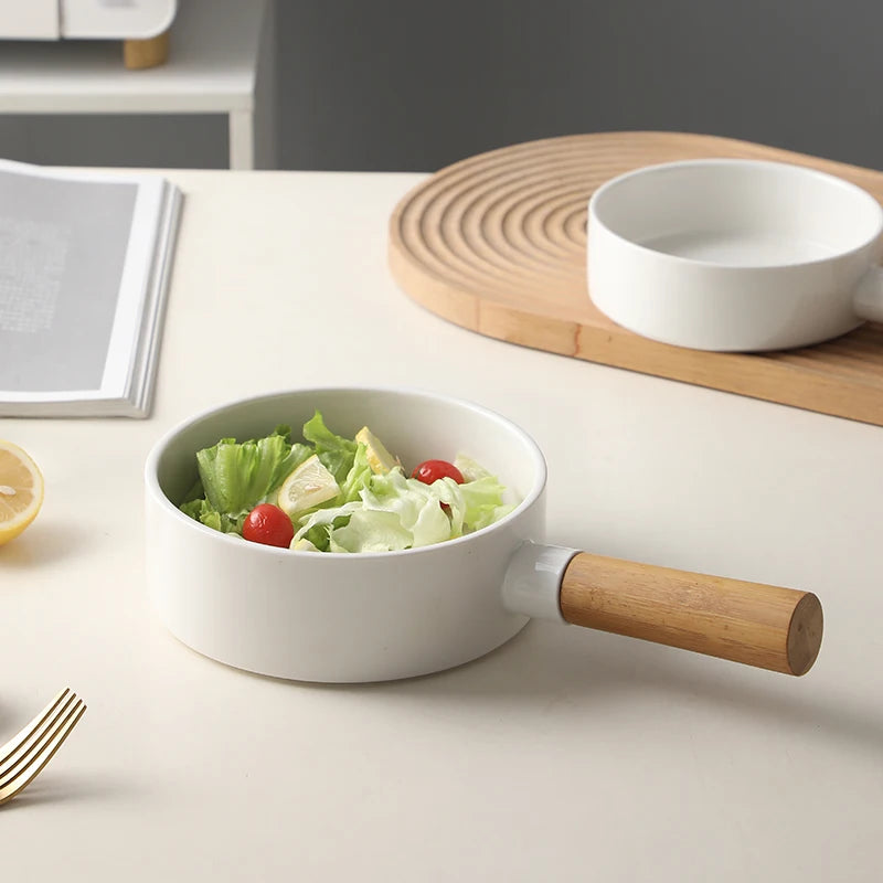 Ceramic Salad Bowl with Wooden Handle | Versatile Tableware