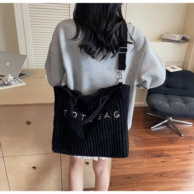 Bolso de mano de terciopelo a rayas de gran capacidad | Bolso tote elegante y versátil