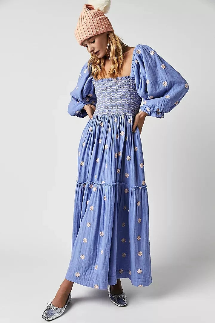 Boho Floral Embroidery Maxi Dress for Women | Casual Fashion
